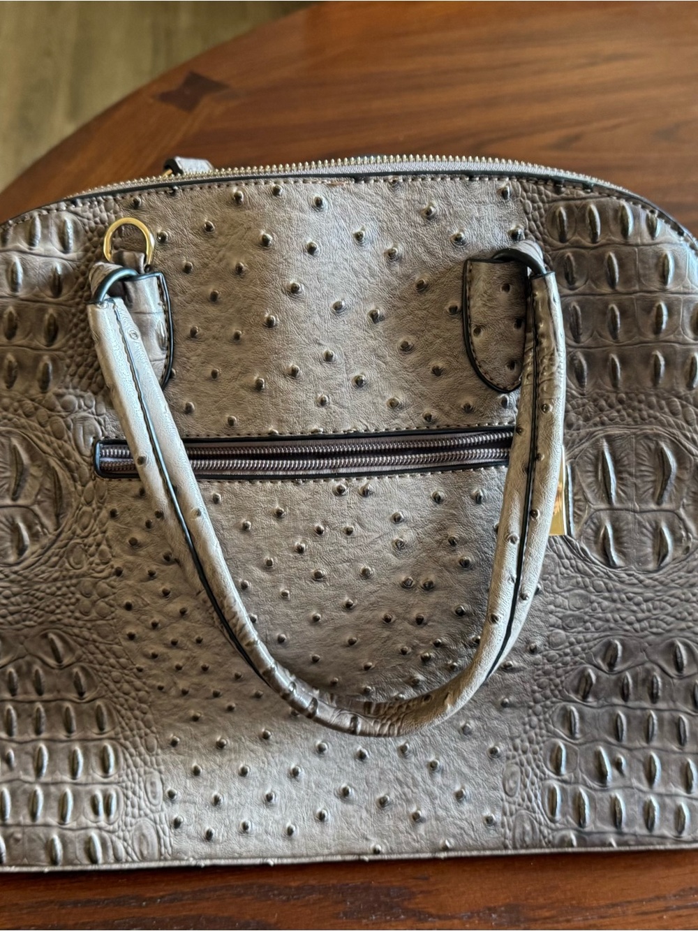 Stylish Tan Ostrich-Embossed Dome Handbag